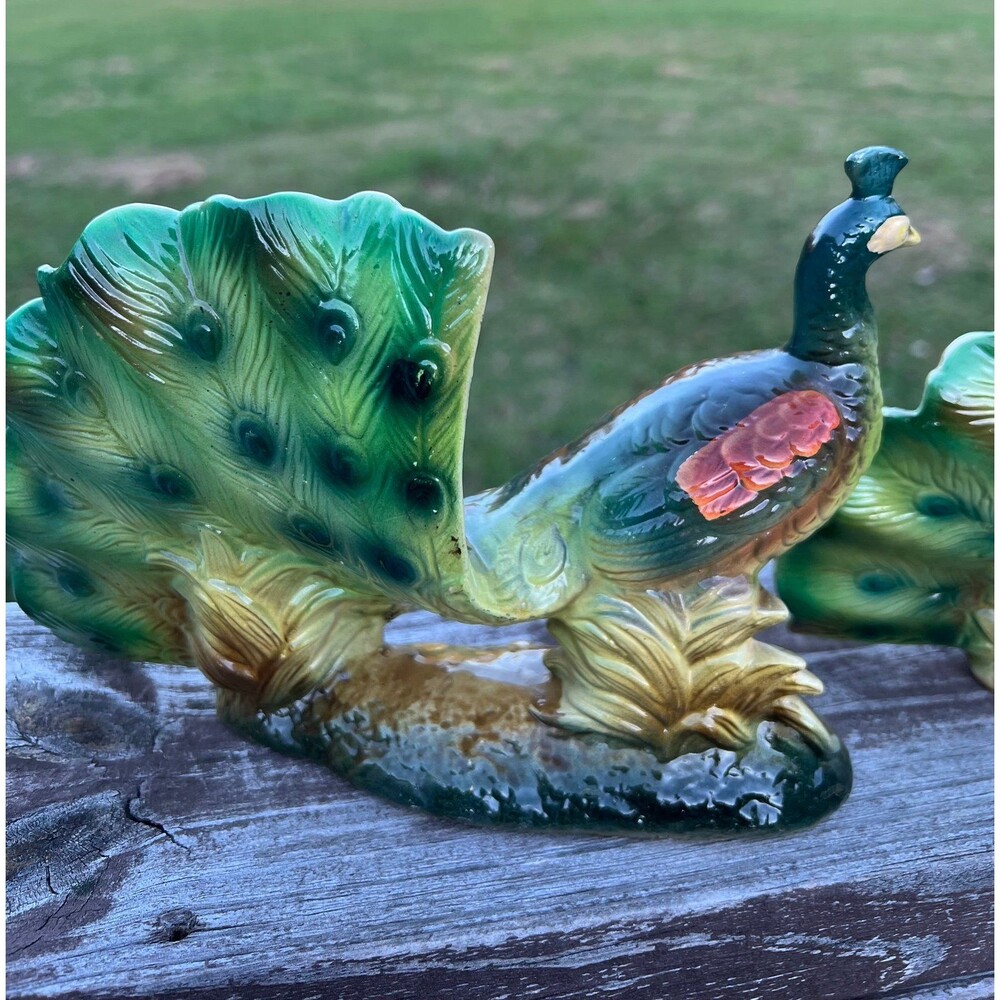 Vintage MCM Lusterware Peacock Bird Figurine with Fanned Tail set of 2